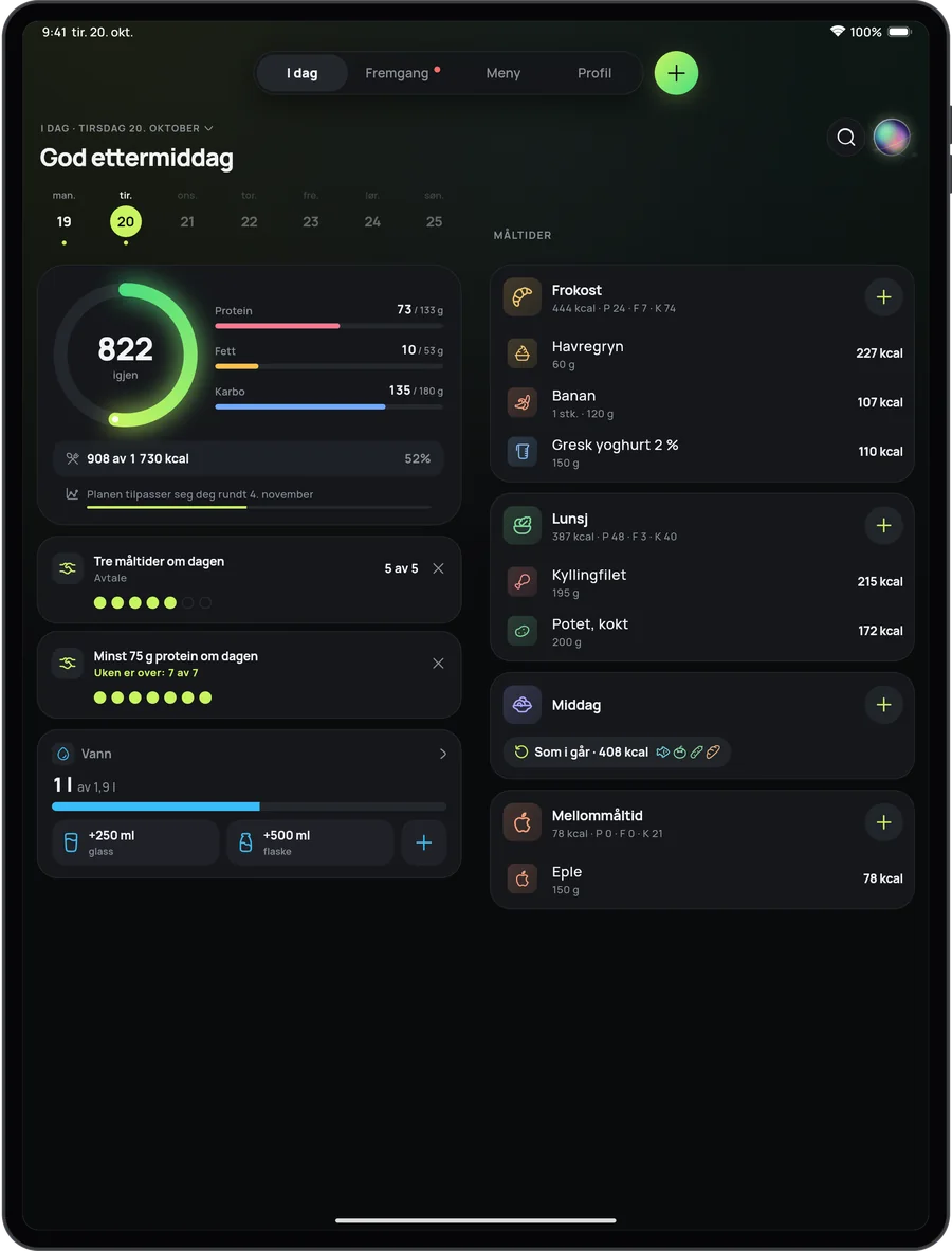 17 Fit på iPad: skjermen I dag i to kolonner – ukens mål, kaloriringen og makroene