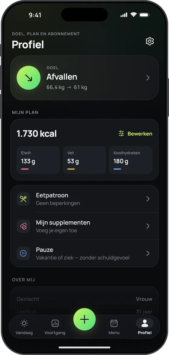 Het scherm Profiel: doel, calorie- en macroplan, supplementen en pauze