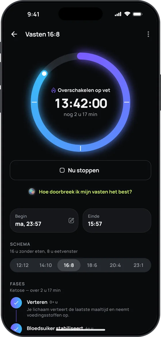 De timer voor periodiek vasten, 16:8, met de fases