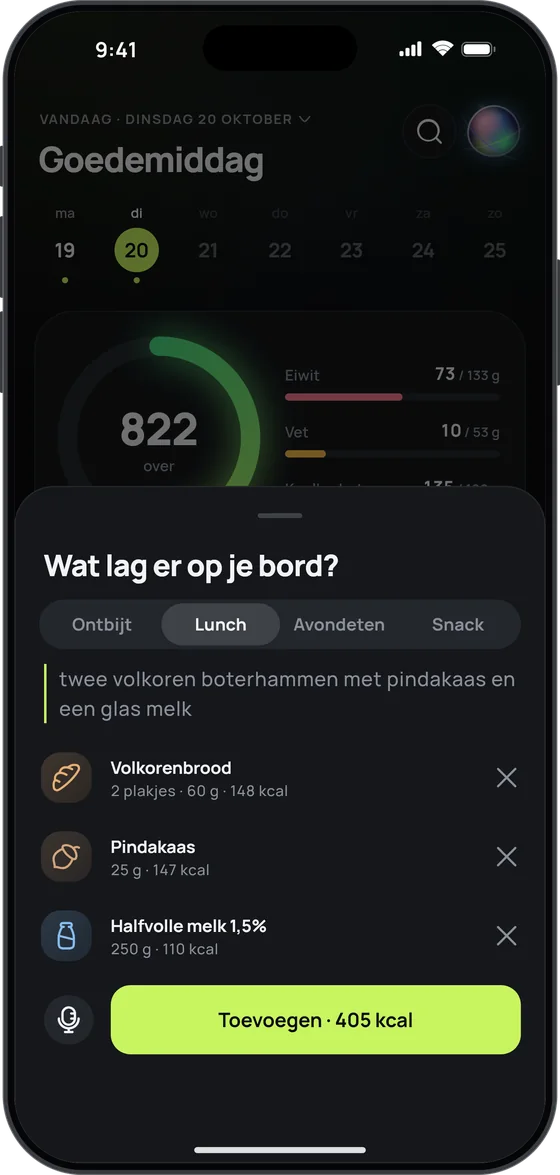 17 Fit: ‘twee volkoren boterhammen met pindakaas en een glas melk’, herkend uit spraak – 405 kcal, klaar om toe te voegen