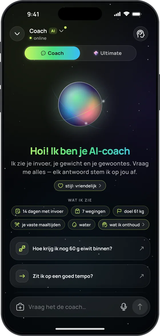Welkomstscherm van de AI-coach met ‘Wat ik zie’: 14 dagen met invoer, 7 wegingen, doel 61 kg, je vaste maaltijden, water en ‘wat ik onthoud’
