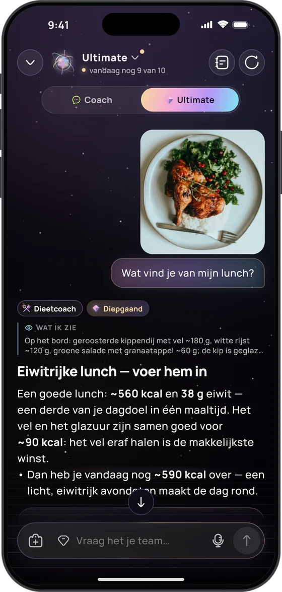 Ultimate beoordeelt een foto van een lunch: kippendij, rijst en salade, zo’n 560 kcal en 38 g eiwit