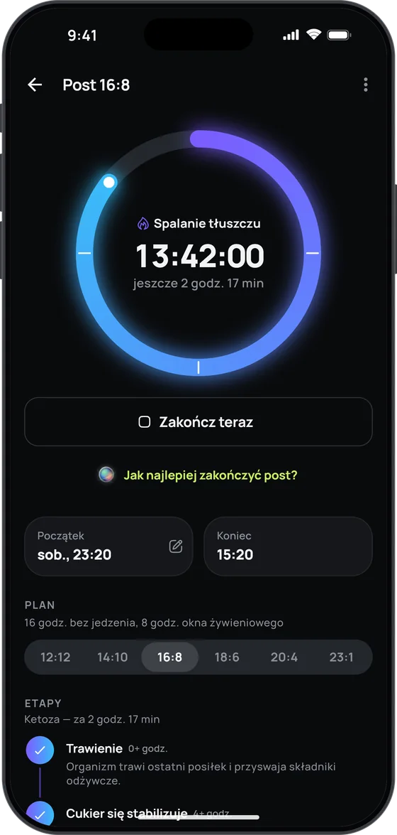 Timer postu przerywanego 16:8 z etapami w 17 Fit