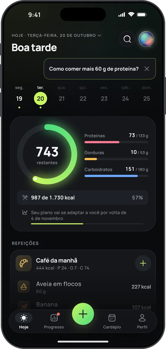 Tela Hoje do 17 Fit: calorias restantes, proteínas, gorduras e carboidratos