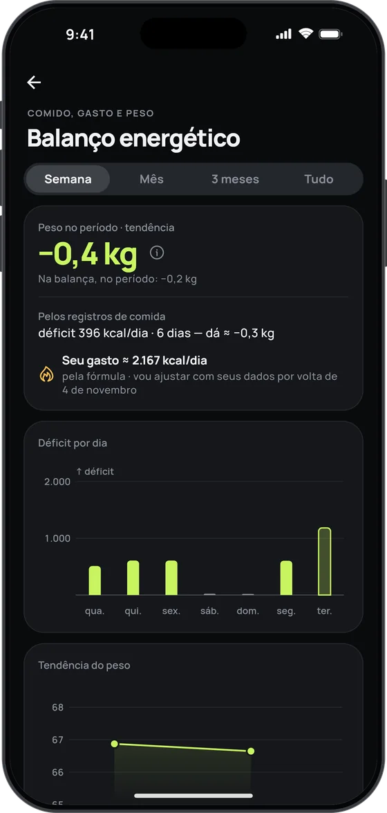 Tela Balanço energético do 17 Fit: o gasto do dia e o que você comeu