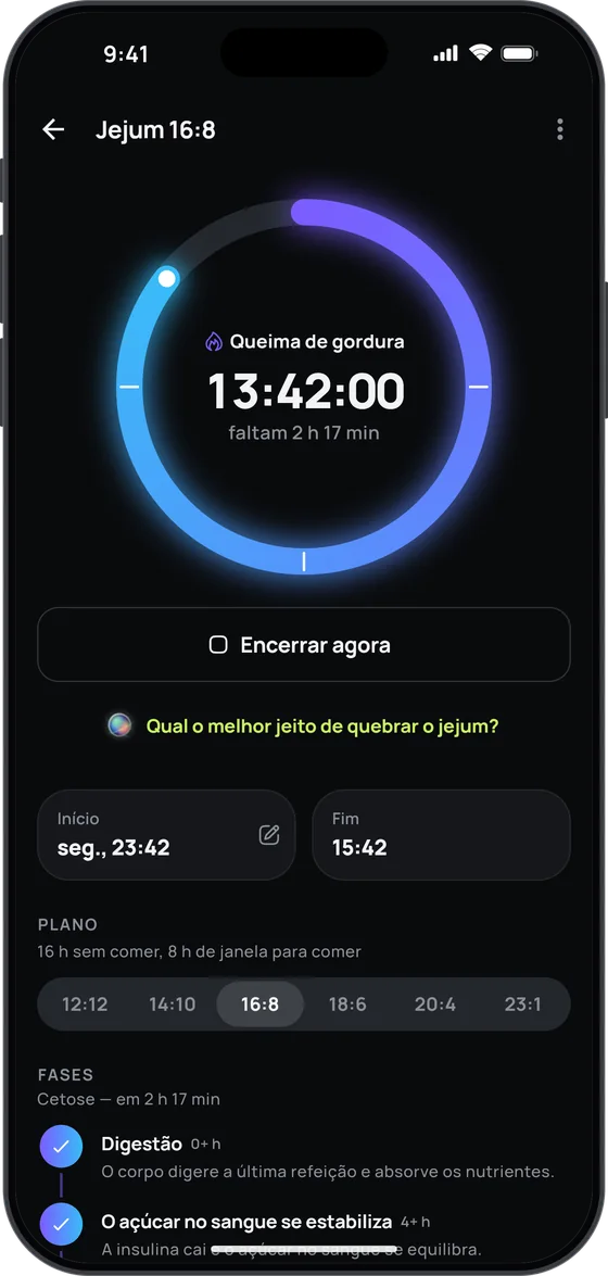 Timer de jejum intermitente 16:8 no 17 Fit, com as fases