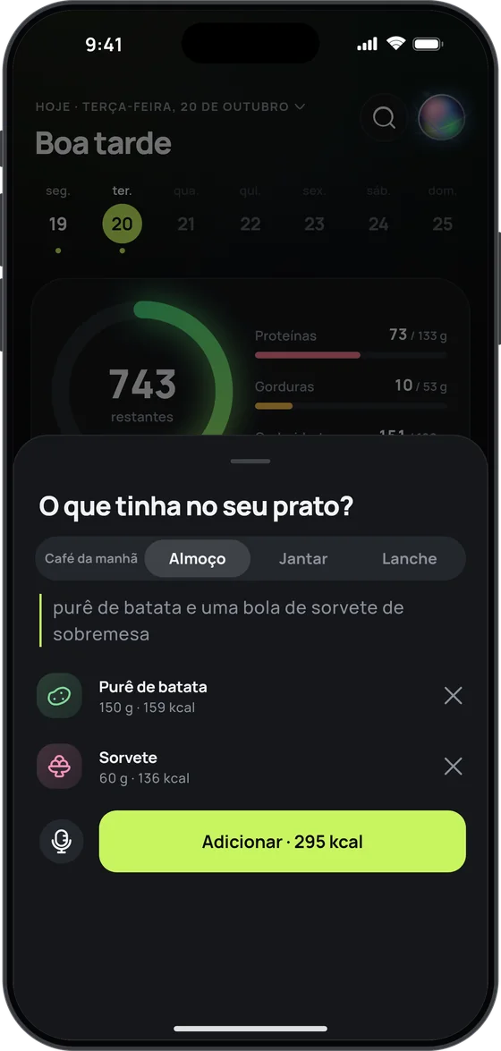 Tela do 17 Fit: “purê de batata e uma bola de sorvete de sobremesa”, entendido pela voz — 295 kcal, pronto para adicionar