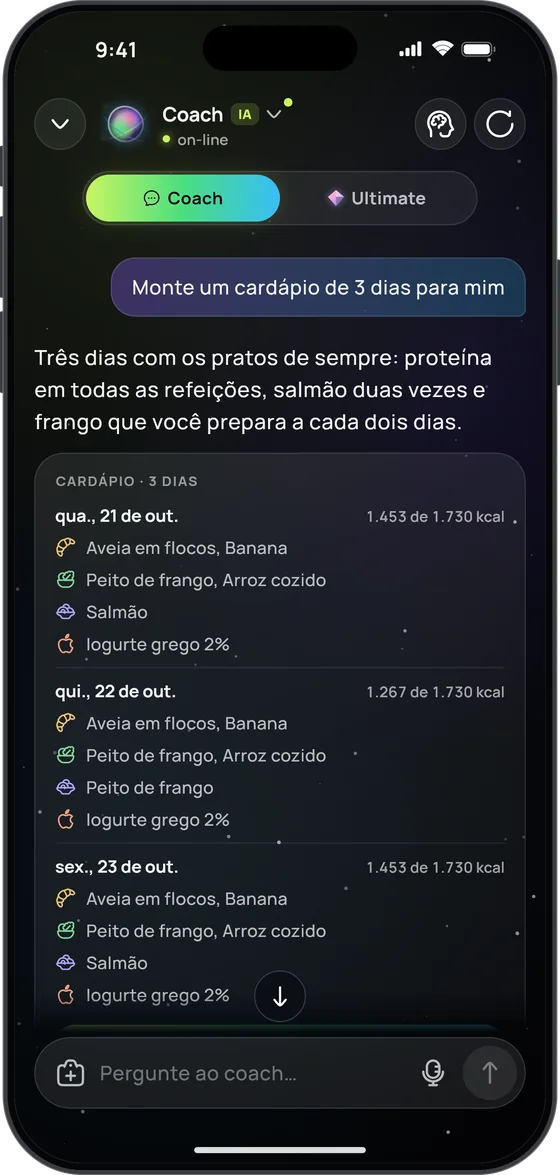 O coach de IA monta três dias de refeições com seus pratos de sempre