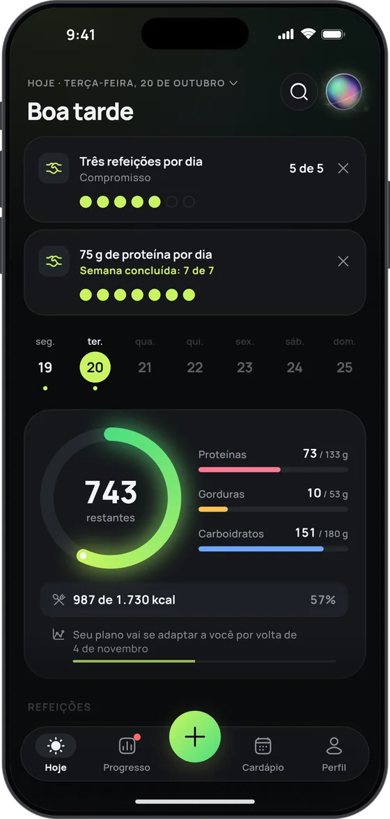 A tela Hoje com dois compromissos: “Três refeições por dia” (5 de 5) e “75 g de proteína por dia” (semana concluída: 7 de 7)