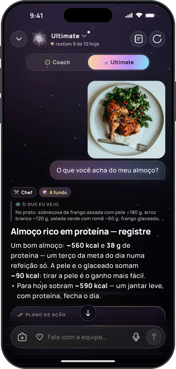 O Ultimate analisa a foto de um almoço: sobrecoxa de frango, arroz e salada, cerca de 560 kcal e 38 g de proteína