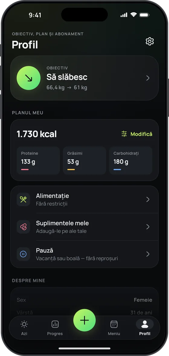 Ecranul Profil în 17 Fit: obiectivul și planul de calorii și macronutrienți
