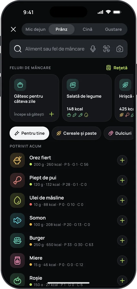 Adăugarea mâncării în 17 Fit: căutare în catalog, poză, voce și cod de bare