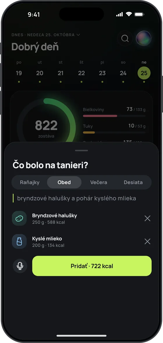 Okno „Čo bolo na tanieri?“: z vety „bryndzové halušky a pohár kyslého mlieka“ vznikli bryndzové halušky 250 g (588 kcal) a kyslé mlieko 200 g (134 kcal), tlačidlo „Pridať · 722 kcal“