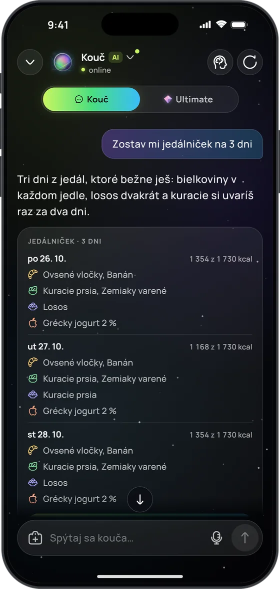 AI kouč na prosbu „Zostav mi jedálniček na 3 dni“: tri dni z tvojich bežných jedál – ovsené vločky, kuracie prsia, losos, grécky jogurt – s kalóriami na každý deň