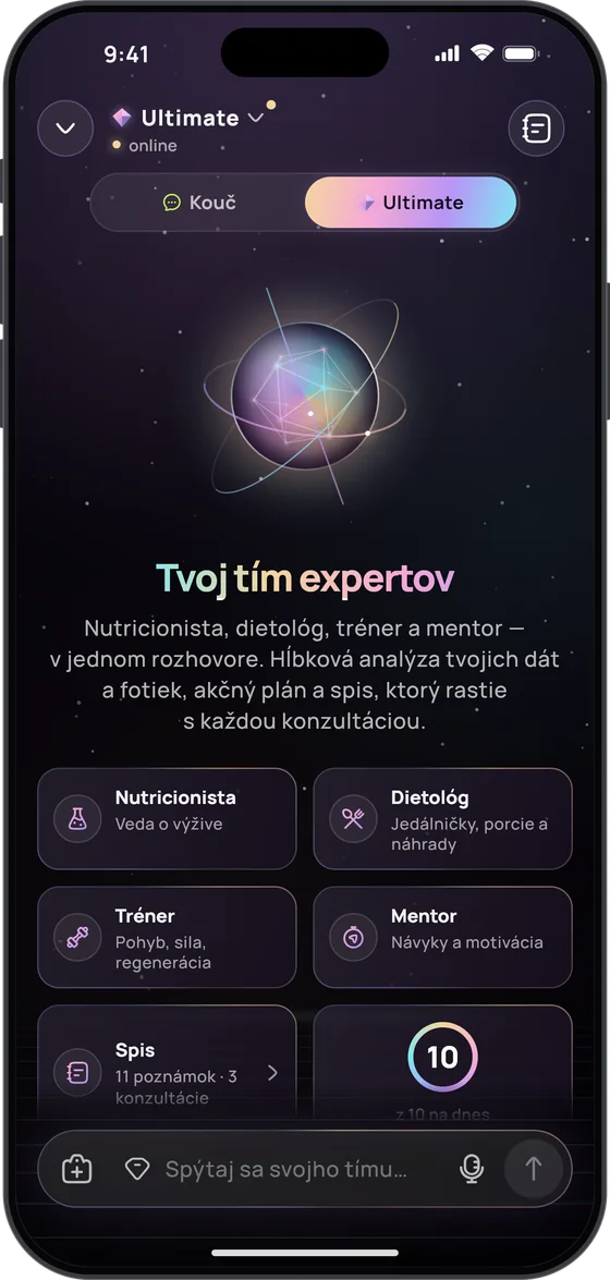 Kouč Ultimate – „Tvoj tím expertov“: nutricionista, dietológ, tréner a mentor, spis s 11 poznámkami z 3 konzultácií a 10 z 10 odpovedí na dnes