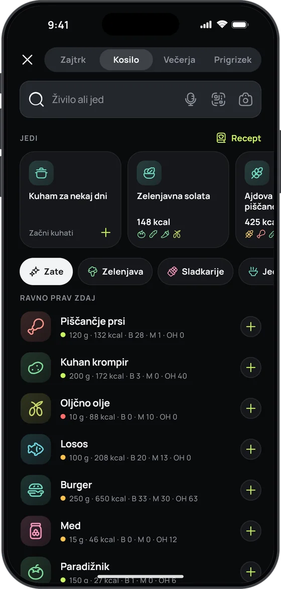 Dodajanje hrane v 17 Fit: iskanje „Živilo ali jed“, jedi s kartico „Kuham za nekaj dni“ in izbor „Zate“ s piščančjimi prsmi, kuhanim krompirjem in oljčnim oljem