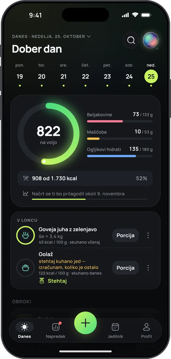 Kartica „V loncu“ v 17 Fit: goveja juha z zelenjavo (še ≈ 3,4 kg) in golaž, oba z gumbom „Porcija“
