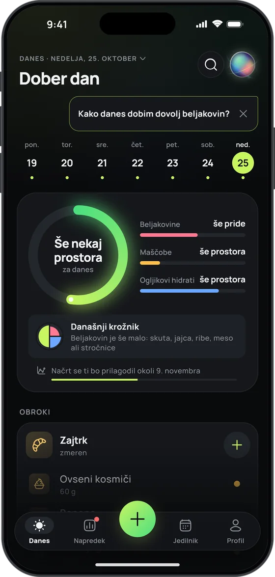 Zaslon Danes v načinu „Brez številk“: „Še nekaj prostora za danes“ namesto kalorij ter „še pride“ in „še prostora“ ob makrohranilih