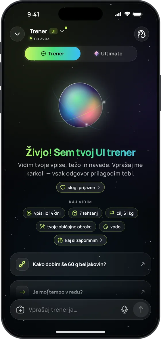 Pozdravni zaslon „Živjo! Sem tvoj UI trener“ z blokom „Kaj vidim“: „vpisi iz 14 dni“, „7 tehtanj“, „cilj 61 kg“, „tvoje običajne obroke“, „vodo“ in „kaj si zapomnim“