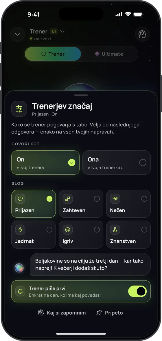 „Trenerjev značaj“: „On“ ali „Ona“, šest slogov z izbranim „Prijazen“, primer odgovora in vklopljeno stikalo „Trener piše prvi“