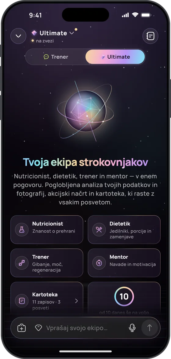 Trener Ultimate: „Tvoja ekipa strokovnjakov“ – nutricionist, dietetik, trener in mentor, kartoteka (11 zapisov · 3 posveti) in 10 od 10 današnjih odgovorov