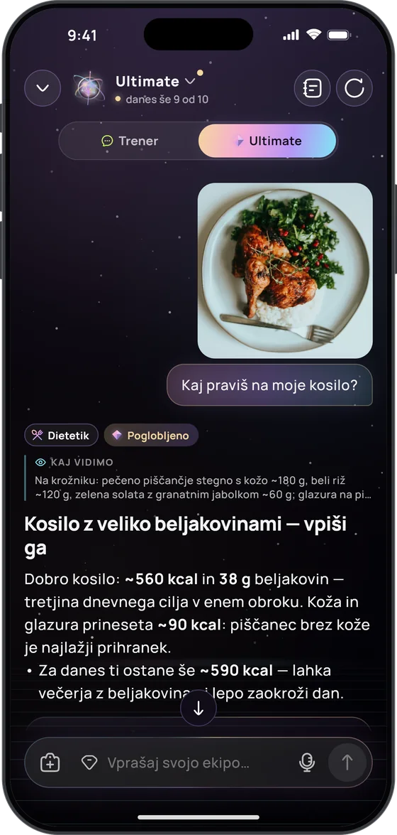 Ultimate odgovori na „Kaj praviš na moje kosilo?“: v bloku „Kaj vidimo“ pečeno piščančje stegno s kožo, beli riž in zelena solata z granatnim jabolkom, nato „Kosilo z veliko beljakovinami – vpiši ga“: približno 560 kcal in 38 g beljakovin