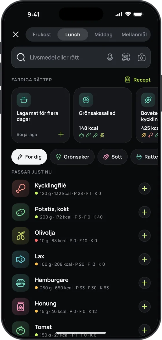 Sökningen i 17 Fit: ”Färdiga rätter” med ”Laga mat för flera dagar” och urvalet ”För dig”, med det som ”Passar just nu” – kycklingfilé, kokt potatis, olivolja och lax