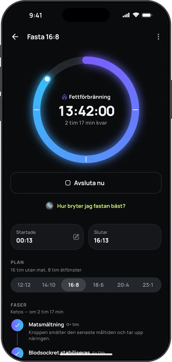 Fastan 16:8 i fasen ”Fettförbränning”: 13:42:00, ”2 tim 17 min kvar” och planerna från 12:12 till 23:1