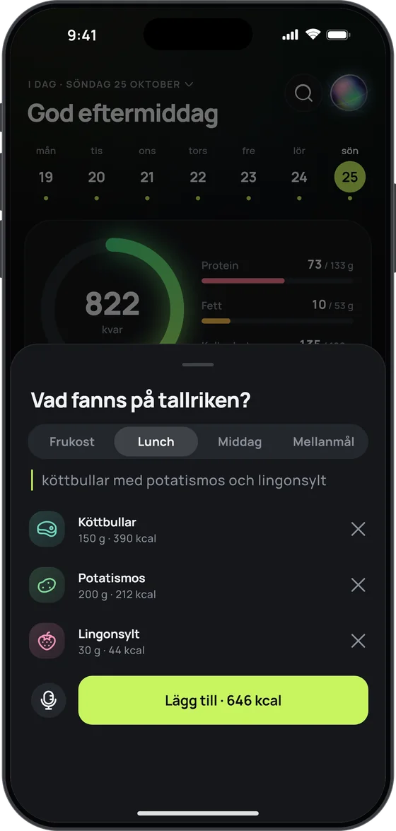 Röstposten ”köttbullar med potatismos och lingonsylt” i 17 Fit: köttbullar 150 g, potatismos 200 g och lingonsylt 30 g, med knappen ”Lägg till · 646 kcal”