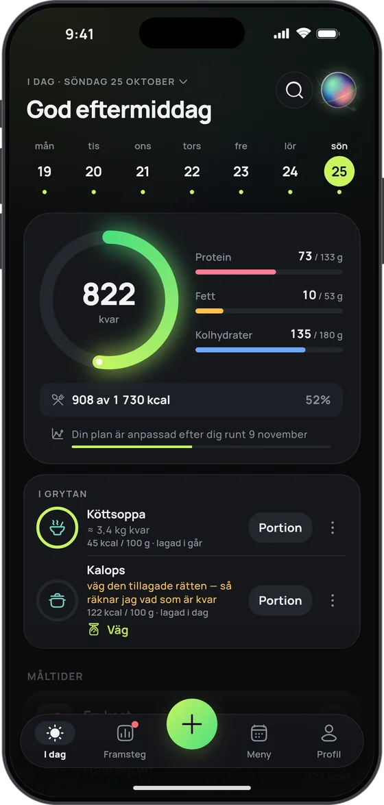 Kortet ”I grytan” i 17 Fit: köttsoppa med ≈ 3,4 kg kvar och kalops som ska vägas, båda med knappen ”Portion”