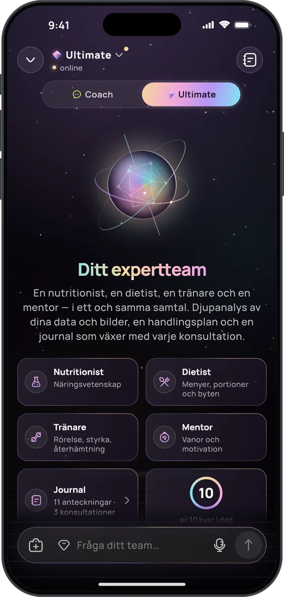 Ultimate-coachen, ”Ditt expertteam”: en nutritionist, en dietist, en tränare och en mentor, journalen med 11 anteckningar från 3 konsultationer och 10 av 10 svar kvar i dag