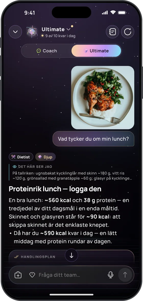 Ultimate bedömer en bild av lunchen – ugnsbakat kycklinglår med skinn, vitt ris och grönsallad med granatäpple: ”Proteinrik lunch – logga den”, cirka 560 kcal och 38 g protein