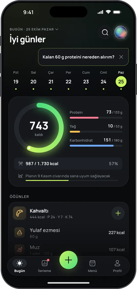 17 Fit’te Bugün ekranı: 743 kcal kaldı; protein 73 / 133 g, yağ 10 / 53 g, karbonhidrat 151 / 180 g