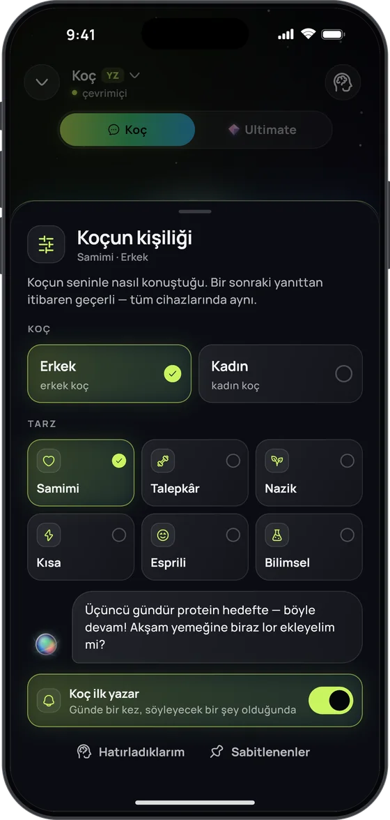 “Koçun kişiliği” ekranı: Erkek ya da Kadın koç, altı tarz (Samimi seçili) ve “Koç ilk yazar” anahtarı