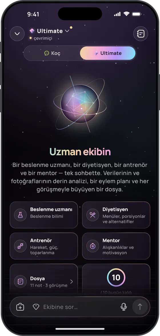 Ultimate koçun “Uzman ekibin” ekranı: beslenme uzmanı, diyetisyen, antrenör ve mentor, “Dosya · 11 not · 3 görüşme” ve bugün kalan 10 yanıt
