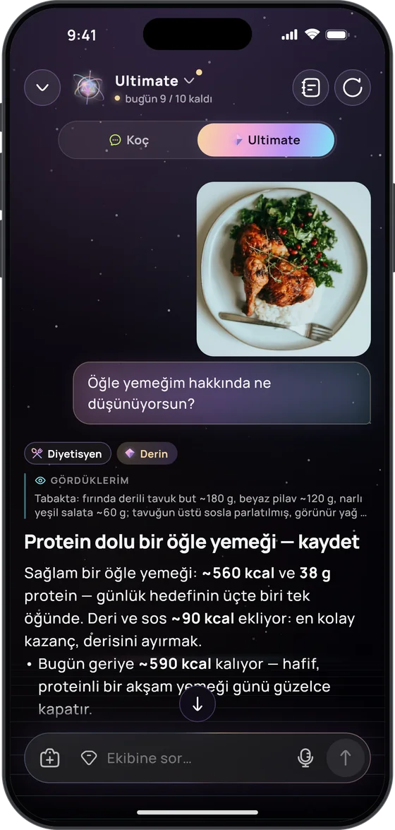Ultimate “Öğle yemeğim hakkında ne düşünüyorsun?” sorusunu yanıtlıyor: fırında derili tavuk but, beyaz pilav ve narlı yeşil salata; “Protein dolu bir öğle yemeği – kaydet”, yaklaşık 560 kcal ve 38 g protein
