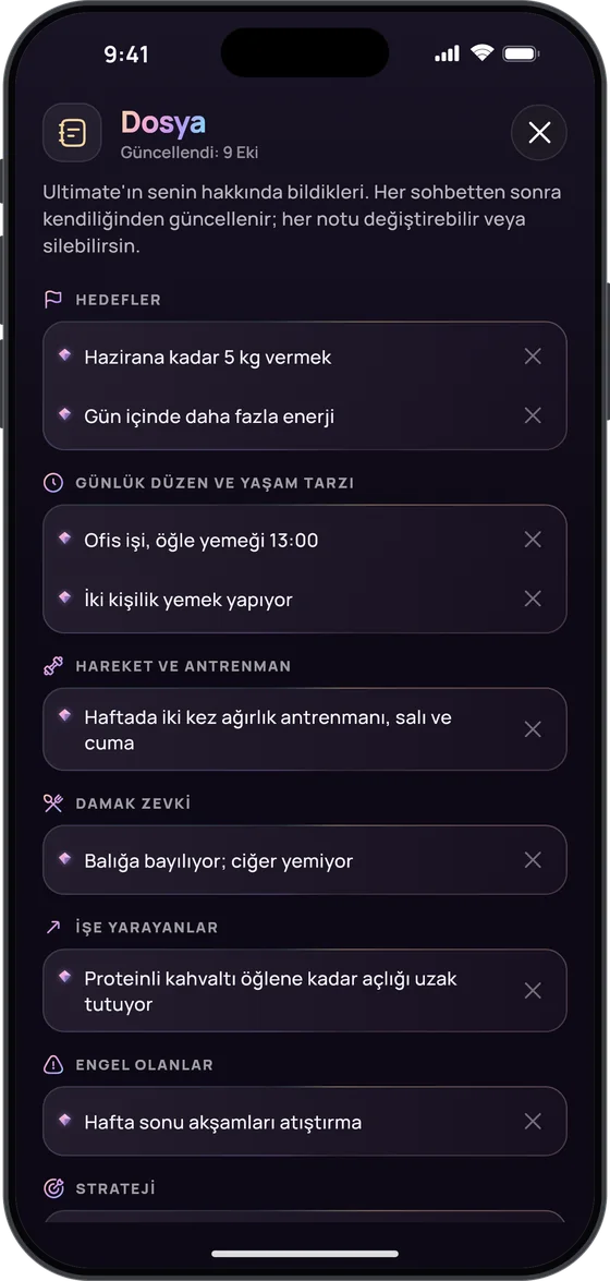 Ultimate koçun dosyası: hedefler (“Hazirana kadar 5 kg vermek”), günlük düzen ve yaşam tarzı, hareket ve antrenman, damak zevki, işe yarayanlar, engel olanlar ve strateji
